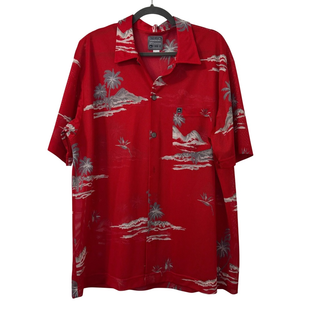 Rare Vtg Y2K Quiksilver Shirt Mens XL Red Tropical Mesh Button Rave‎ Festival